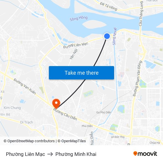 Phường Liên Mạc to Phường Minh Khai map