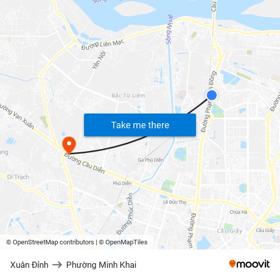Xuân Đỉnh to Phường Minh Khai map