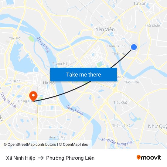 Xã Ninh Hiệp to Phường Phương Liên map