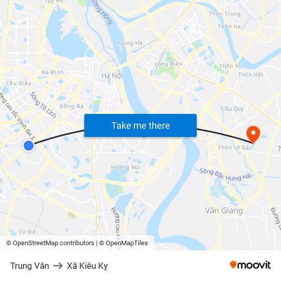 Trung Văn to Xã Kiêu Kỵ map