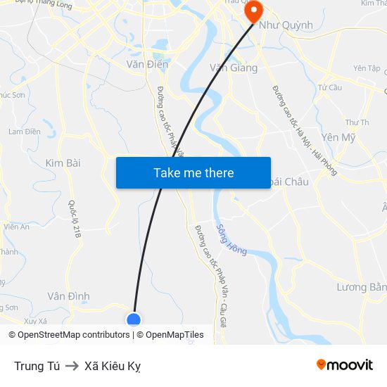 Trung Tú to Xã Kiêu Kỵ map