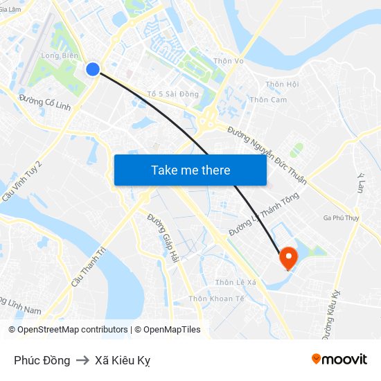 Phúc Đồng to Xã Kiêu Kỵ map