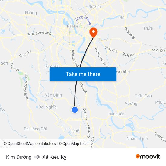 Kim Đường to Xã Kiêu Kỵ map