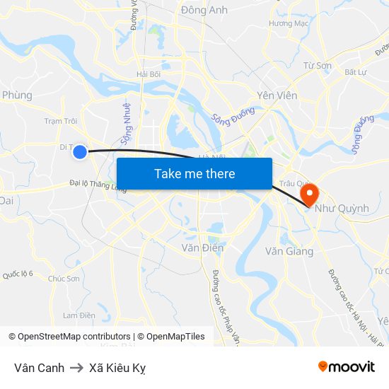 Vân Canh to Xã Kiêu Kỵ map