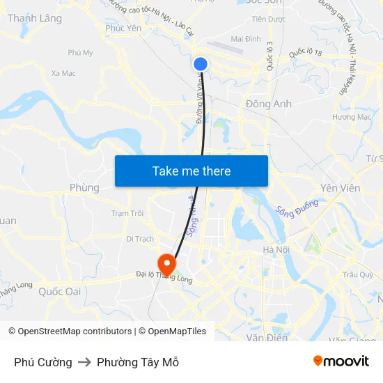 Phú Cường to Phường Tây Mỗ map