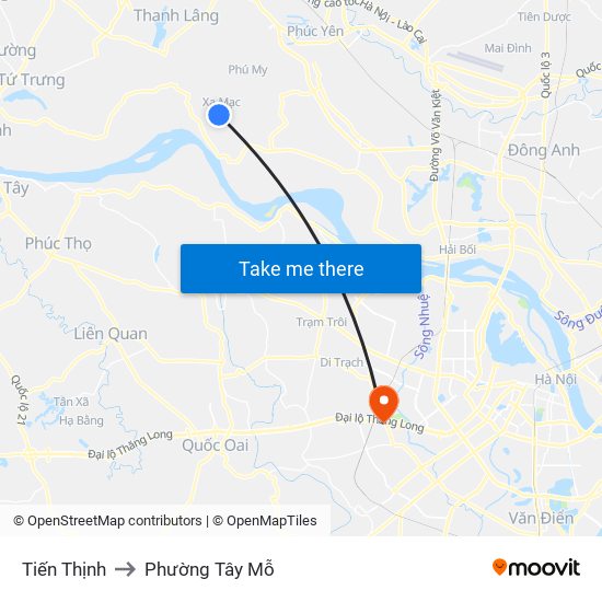 Tiến Thịnh to Phường Tây Mỗ map