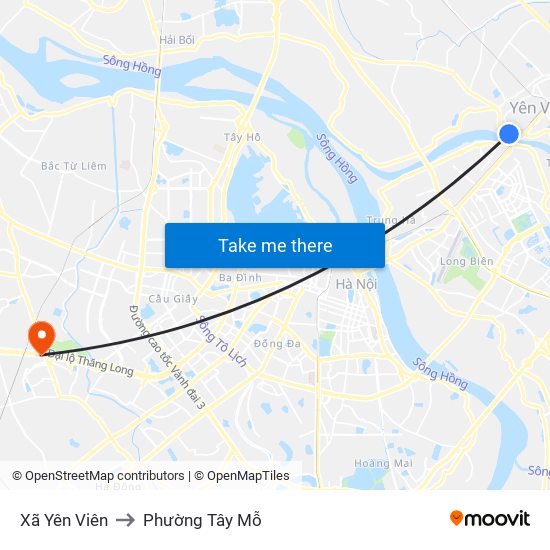 Xã Yên Viên to Phường Tây Mỗ map