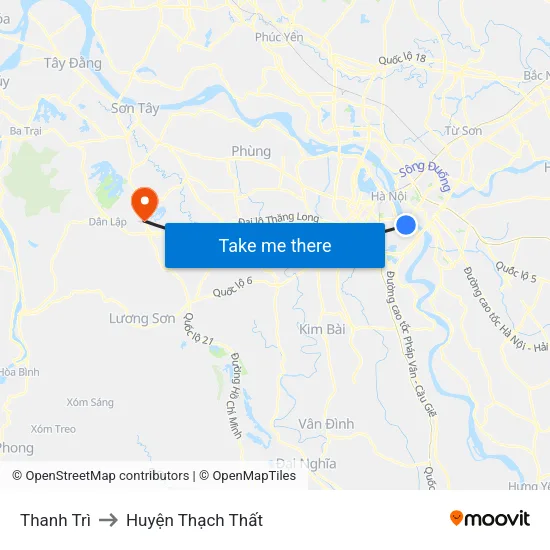 Thanh Trì to Huyện Thạch Thất map