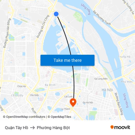 Quận Tây Hồ to Phường Hàng Bột map