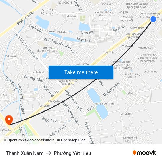 Thanh Xuân Nam to Phường Yết Kiêu map