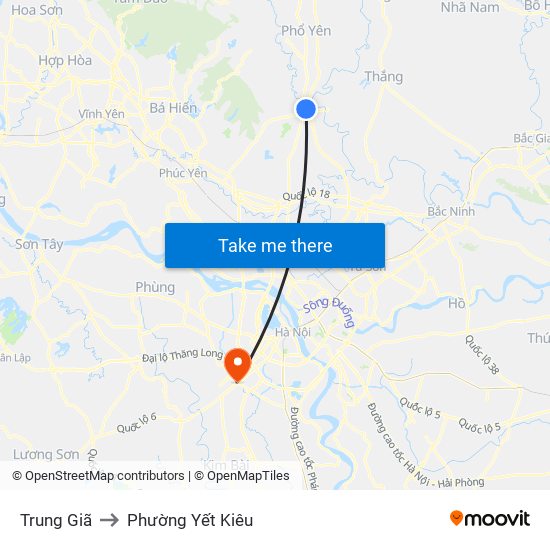 Trung Giã to Phường Yết Kiêu map