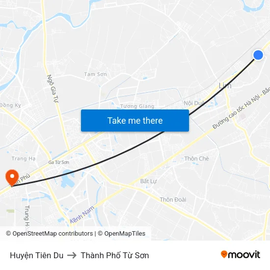 Huyện Tiên Du to Thành Phố Từ Sơn map