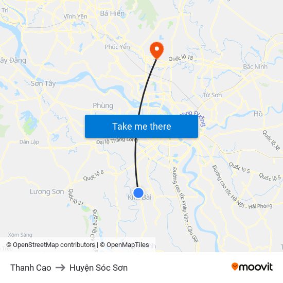 Thanh Cao to Huyện Sóc Sơn map