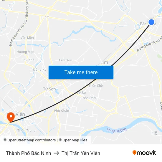 Thành Phố Bắc Ninh to Thị Trấn Yên Viên map
