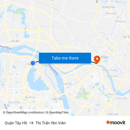 Quận Tây Hồ to Thị Trấn Yên Viên map