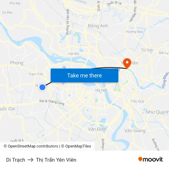 Di Trạch to Thị Trấn Yên Viên map