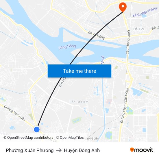 Phường Xuân Phương to Huyện Đông Anh map