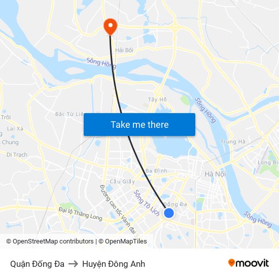 Quận Đống Đa to Huyện Đông Anh map