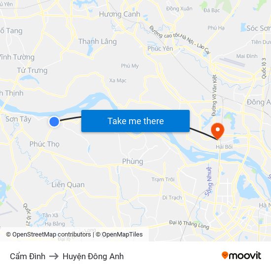 Cẩm Đình to Huyện Đông Anh map