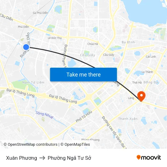 Xuân Phương to Phường Ngã Tư Sở map