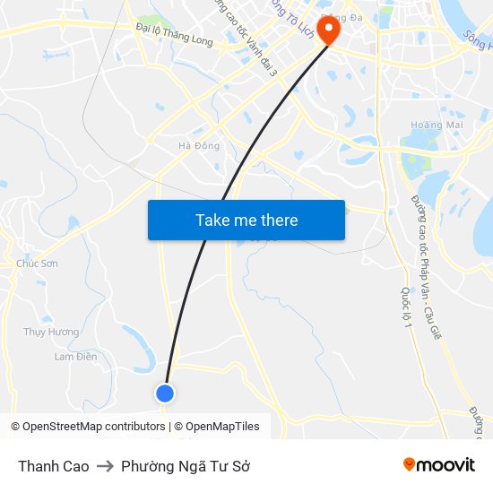 Thanh Cao to Phường Ngã Tư Sở map