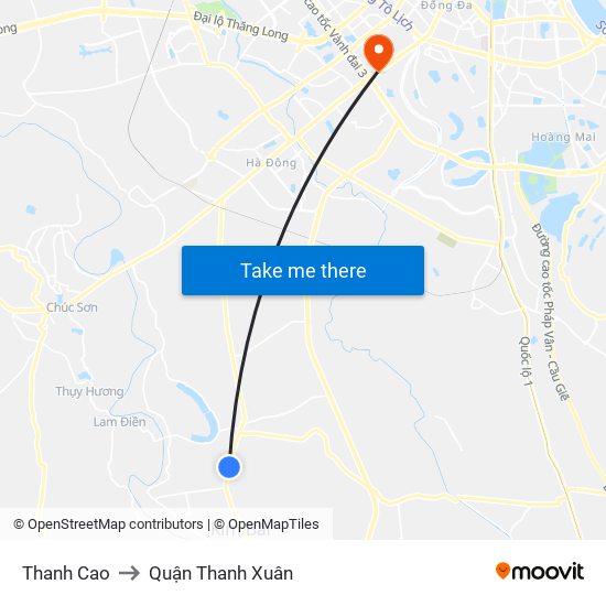 Thanh Cao to Quận Thanh Xuân map