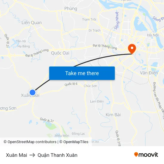 Xuân Mai to Quận Thanh Xuân map