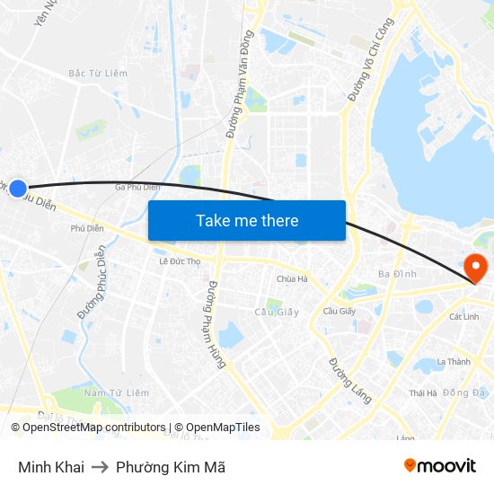 Minh Khai to Phường Kim Mã map