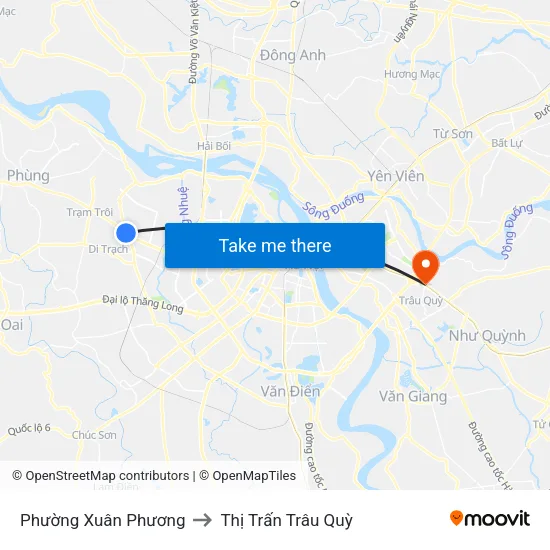 Phường Xuân Phương to Thị Trấn Trâu Quỳ map