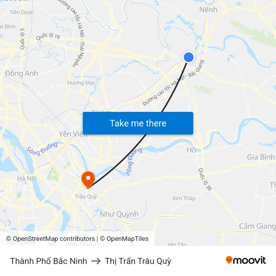 Thành Phố Bắc Ninh to Thị Trấn Trâu Quỳ map