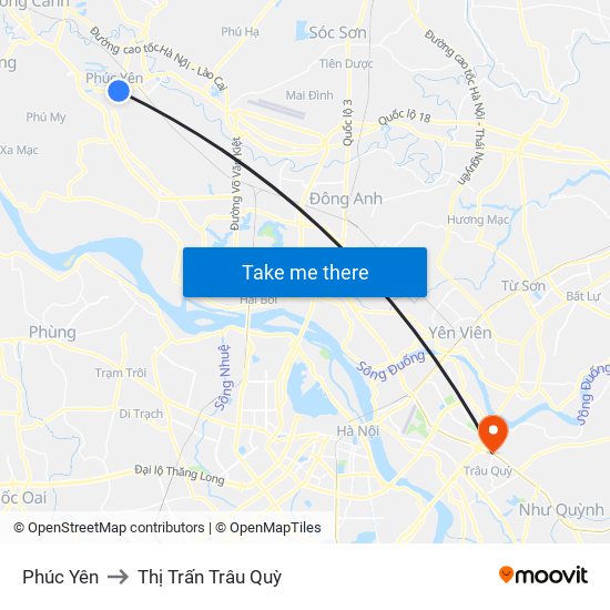 Phúc Yên to Thị Trấn Trâu Quỳ map