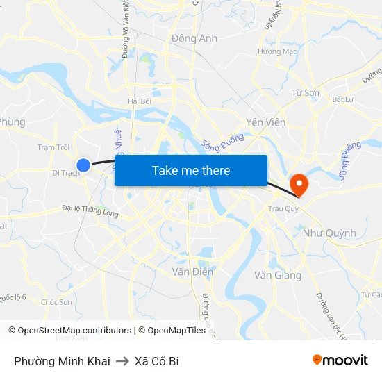 Phường Minh Khai to Xã Cổ Bi map