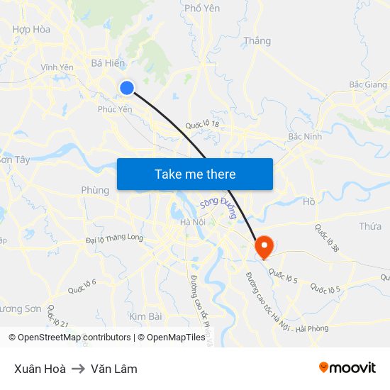 Xuân Hoà to Văn Lâm map