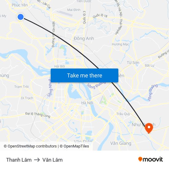 Thanh Lâm to Văn Lâm map