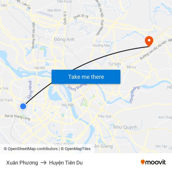 Xuân Phương to Huyện Tiên Du map