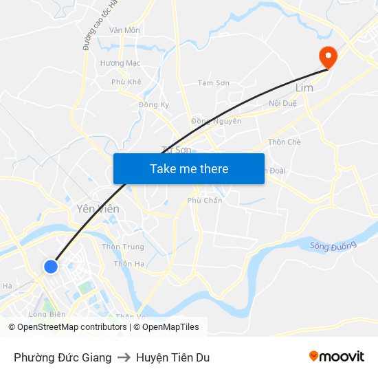 Phường Đức Giang to Huyện Tiên Du map