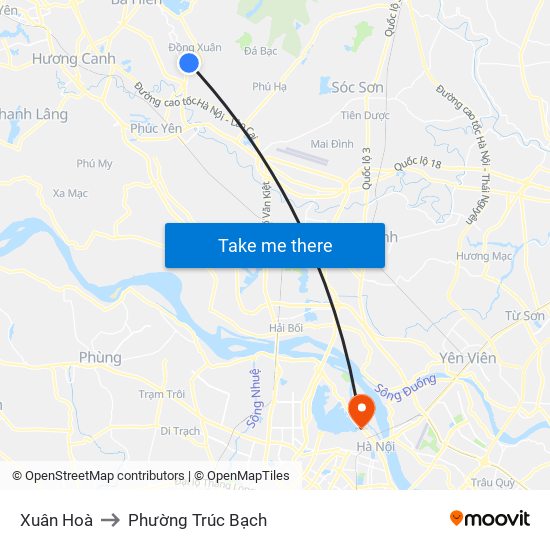 Xuân Hoà to Phường Trúc Bạch map