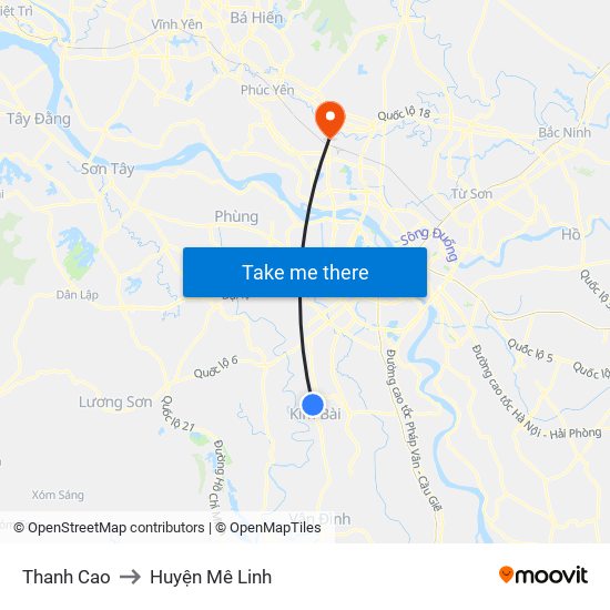Thanh Cao to Huyện Mê Linh map