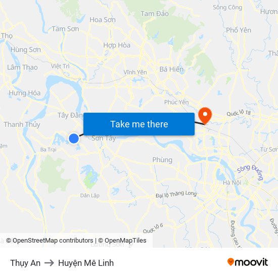 Thụy An to Huyện Mê Linh map