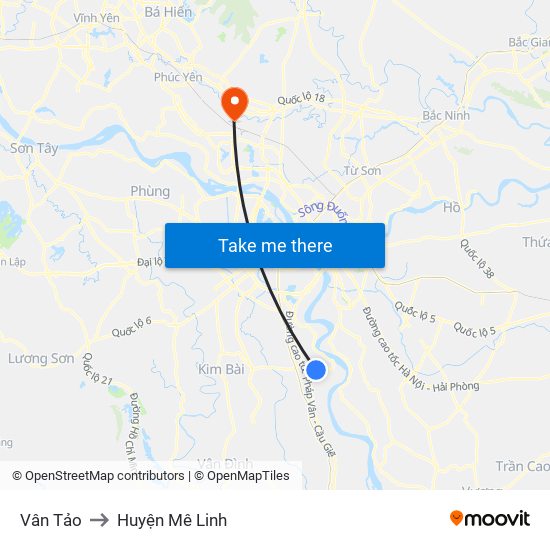 Vân Tảo to Huyện Mê Linh map