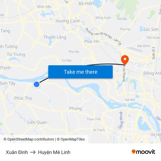Xuân Đình to Huyện Mê Linh map