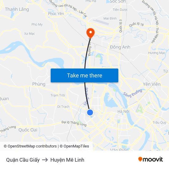 Quận Cầu Giấy to Huyện Mê Linh map