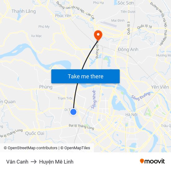 Vân Canh to Huyện Mê Linh map