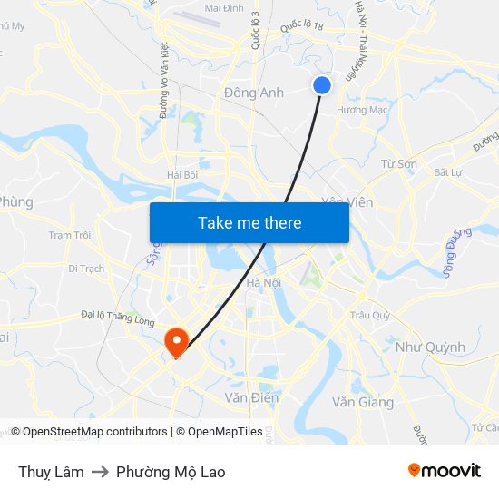 Thuỵ Lâm to Phường Mộ Lao map