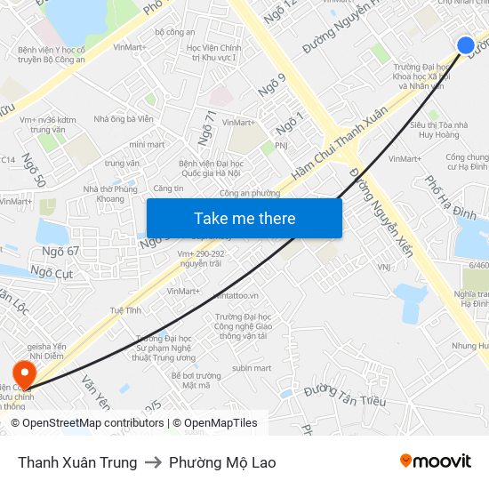 Thanh Xuân Trung to Phường Mộ Lao map