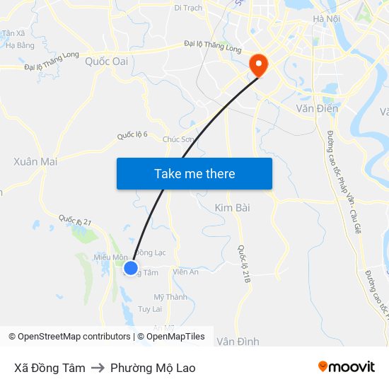 Xã Đồng Tâm to Phường Mộ Lao map