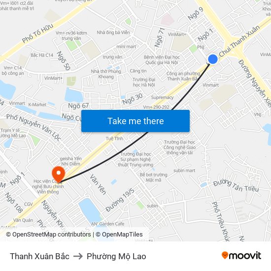 Thanh Xuân Bắc to Phường Mộ Lao map