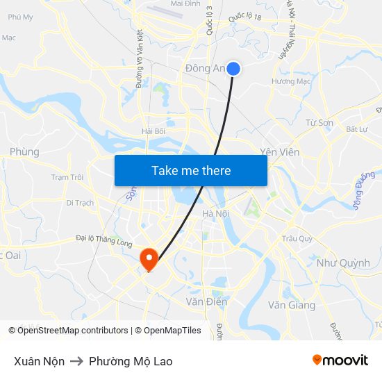 Xuân Nộn to Phường Mộ Lao map