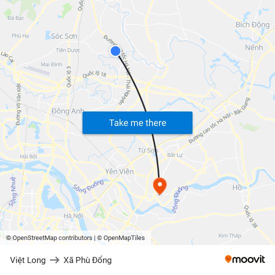 Việt Long to Xã Phù Đổng map