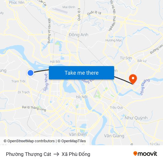 Phường Thượng Cát to Xã Phù Đổng map